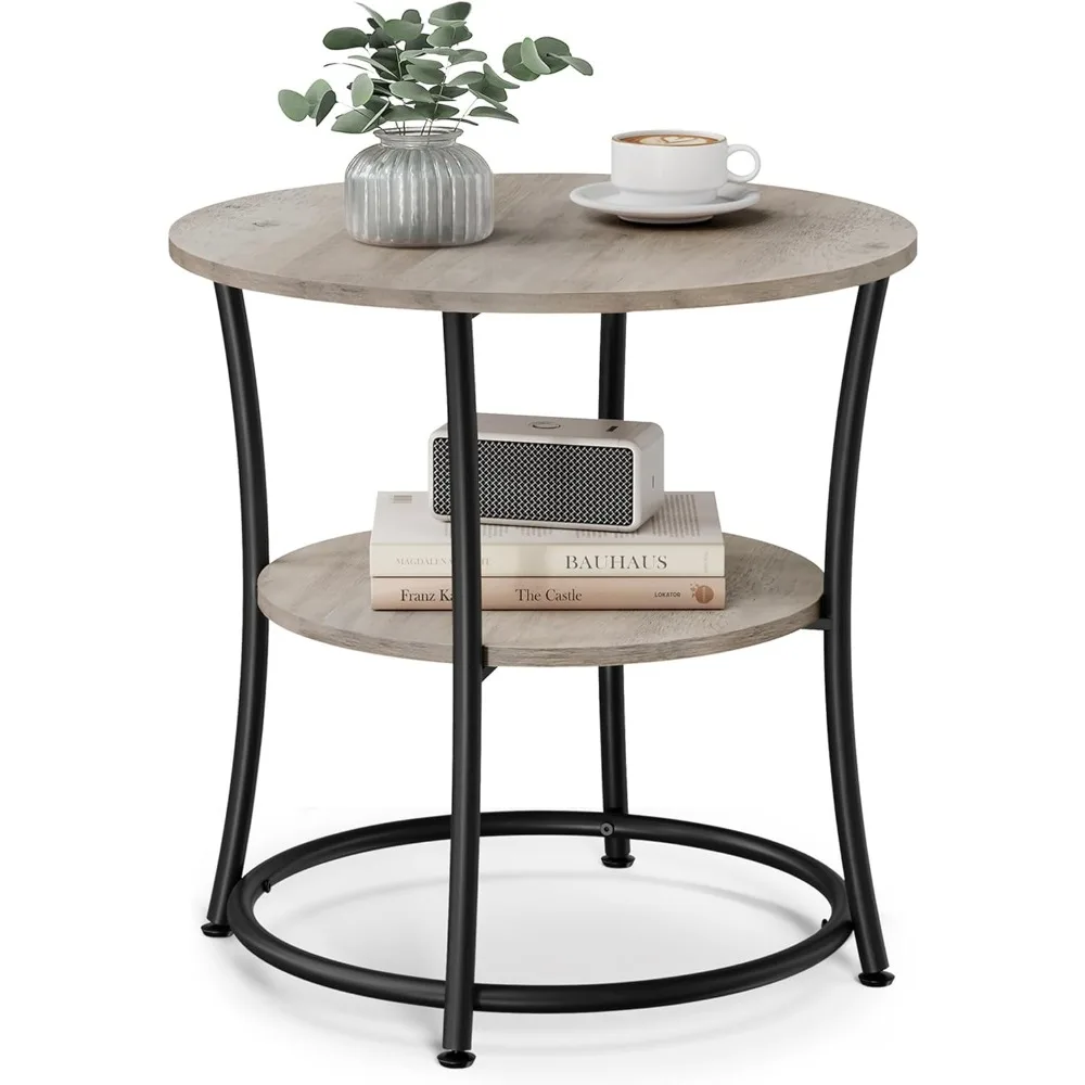 

Round End Table with 2 Shelves for Living Room, Bedroom, Nightstand with Steel Frame for Small Spaces, Outdoor Accent