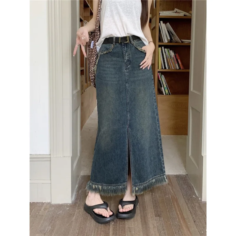 

Женская минималистичная винтажная синяя джинсовая макси-юбка с высокой талией, бахромой и разрезом, А-силуэт, в стиле Харадзюку, для уличной моды