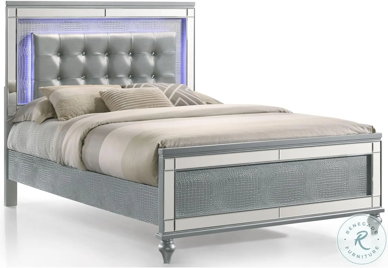 Benjara Lee Twin Size Bed, Led, Tufted Faux Leather Upholstery, Textured Silver