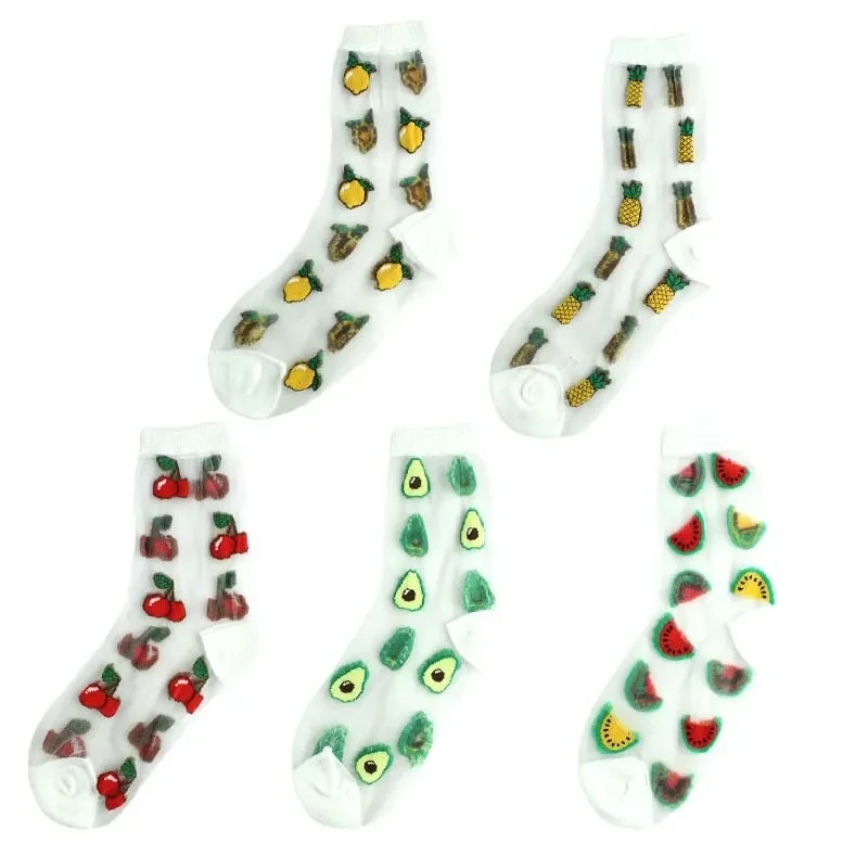 Women's Mid Length Socks, Thin Transparent Glass Fiber Cotton Bottom, Crystal Silk Socks, Spring and Summer Fruit Socks