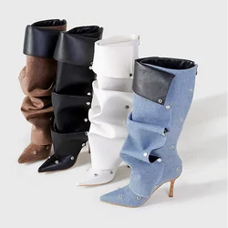FHC 2024 New Women Knee High Boots, Denim Long Botas,Spring/Autumn Fashion Rivets Shoes,Pointed Toe,Black White,Brown,Dropship