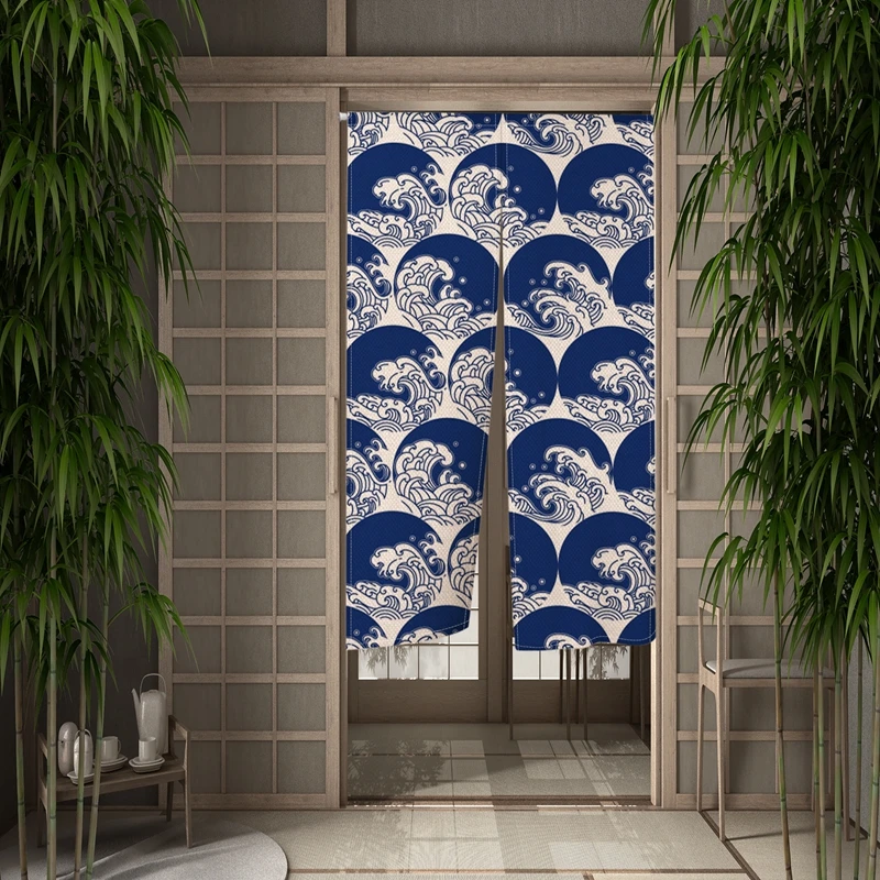 Japanese Kanagawa Door Curtain Kitchen Door CurtainUkiyo-e Painting Partition Curtain Drape Entrance Decor Hanging Half-Curtains