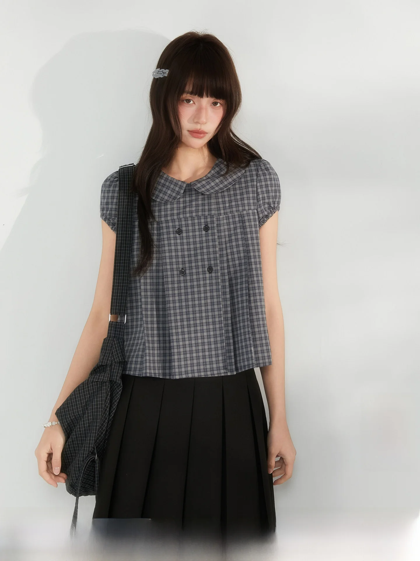 

Sta "Island Tide" Plaid Polka Dot Doll Collar Bubble Sleeve Shirt Women's Short Cotton Blend Anti-Wrinkle Breathable Top