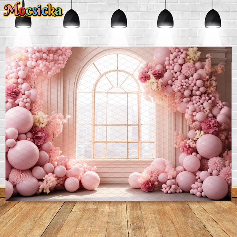 Pink Princess Girl Birthday Photography Background Balloon Arch Floral Decor Kids Portrait Cake Smash Backdrop Photo Studio