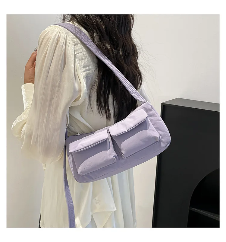 Damen-Umhängetasche aus Nylon mit großem Fassungsvermögen und Reißverschluss, einfarbig, lässig, Schultertasche, Hobos für Party, Urlaub – Detail 11