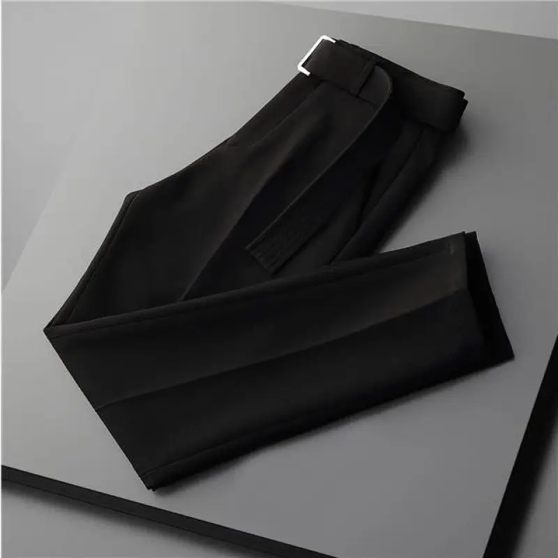 2024 New Summer Fashion Casual Business Minimalist Solid Color High Waisted Belt with Draped and Slim Fitting Cropped Suit Pants