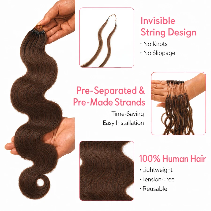 WOWANGEL Schokoladenbraune Unsichtbare Miracle Knots Haarverlängerungen mit Vorverknoteten Federn, 100% Echthaar, Body Wave, Crochet Hair – Detail 5