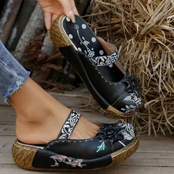 Big Size Cover Toe Shoes House Slippers Platform Flower Slipers Women Shale Female Beach Low Slides 2024 Sabot Ethnic Fabric Rub