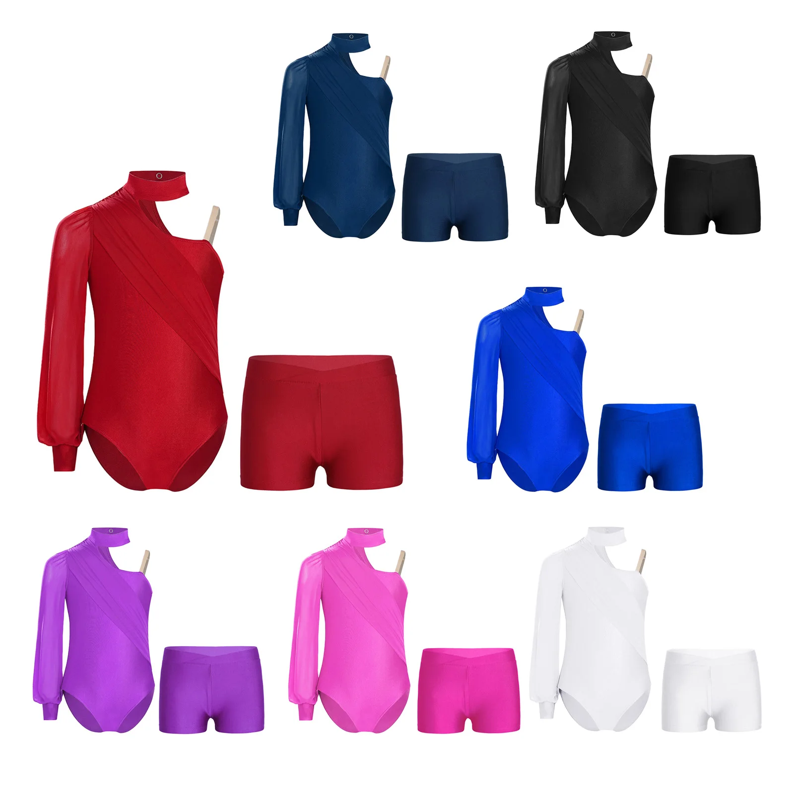 Kids Girls Ballet Sets Figure Skating Gymnastics Dance Outfit Long Sleeve Ruched Mesh Leotard with V-front Waistband Shorts Suit