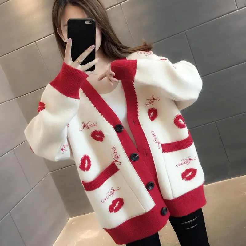 

Contrast Color Long Sleeve Knitted Cardigan Sweater Jacket for Women Autumn Winter Casual Loose Sweet Top Fashion Women Clothing
