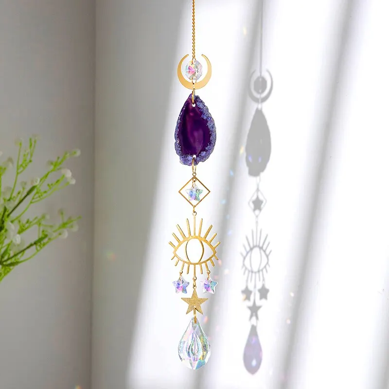 1pc,Agate Raw Stone Artificial Crystal Wall Hanging,Sun Eyes And Stars Moon Pendant, Home Decorations,Garden Sunny Catcher