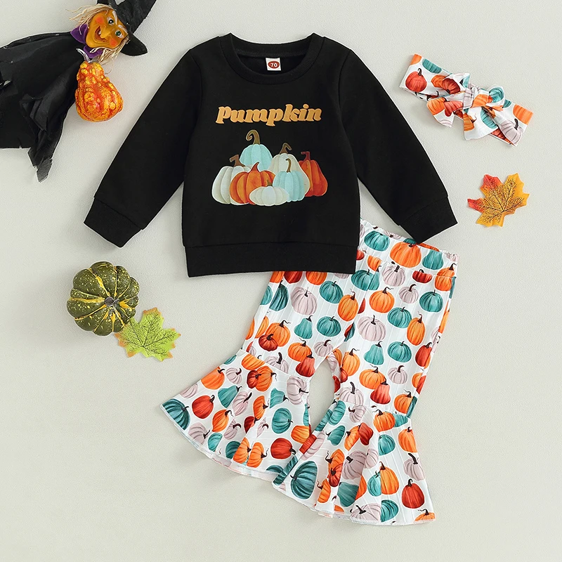 

BeQeuewll Baby Girls 3Pcs Halloween Outfits Colorful Pumpkin Print Tops And Flare Pants And Headband Set Toddler Clothes