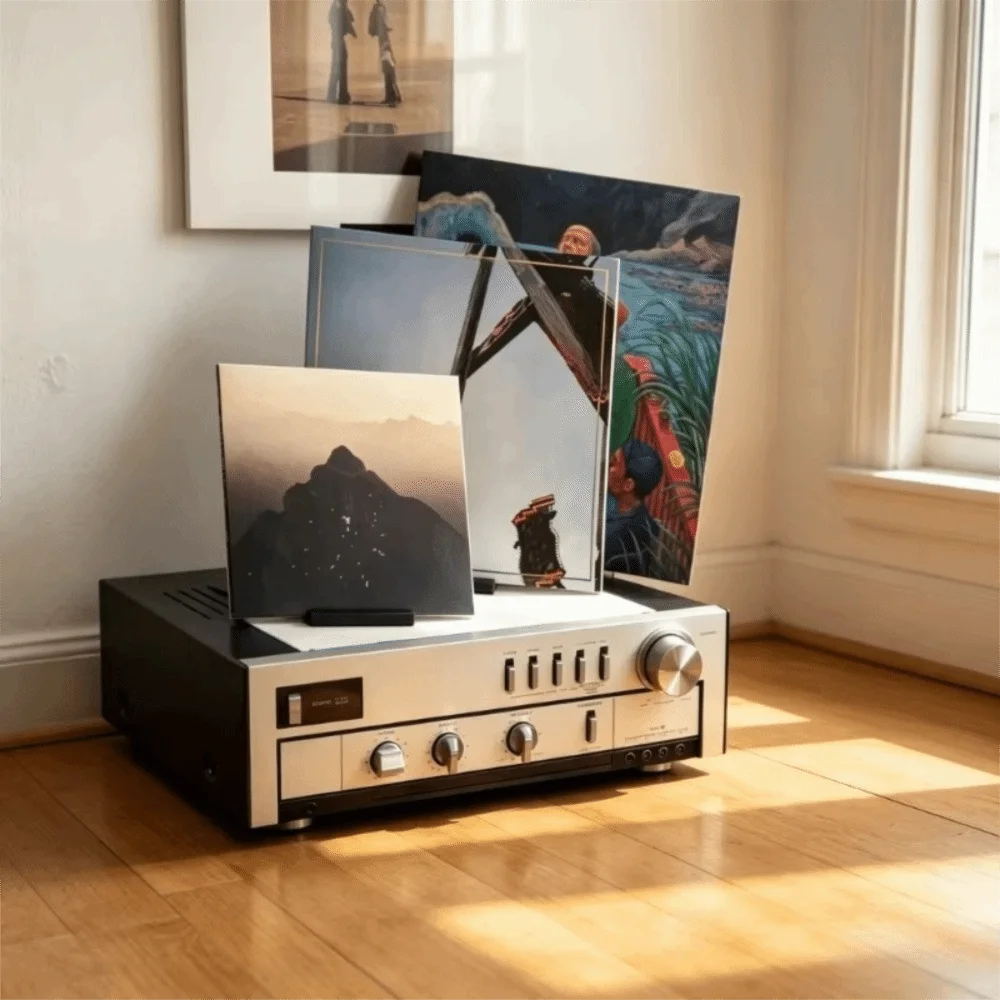 3D Printed Record Player Holder Plastic Slanted Support Vertical CD Holder Minimalist Front Stops Vinyl Record Display Rack
