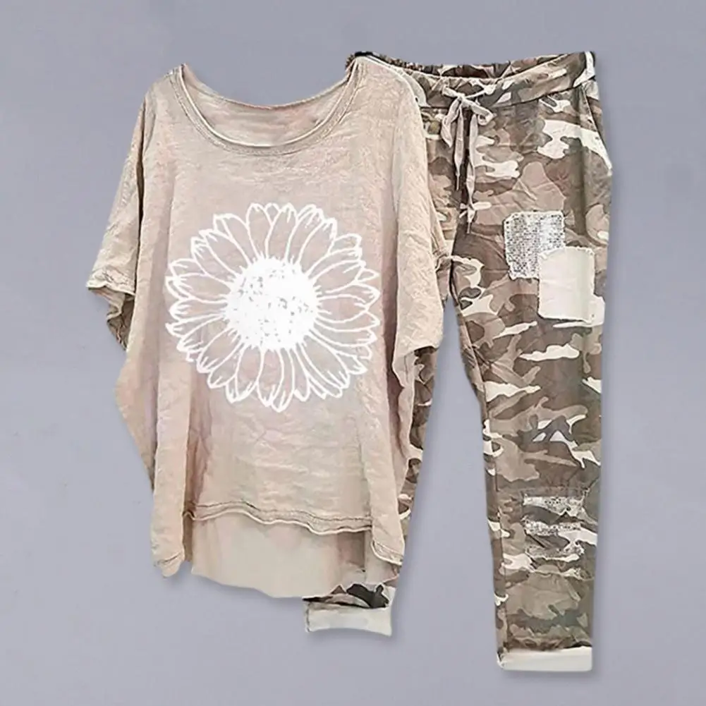 

Women Top Pants Set Breathable Women Irregular Hem Short Sleeve T-shirt Camouflage Trousers Set Women Suit Casual Running Set