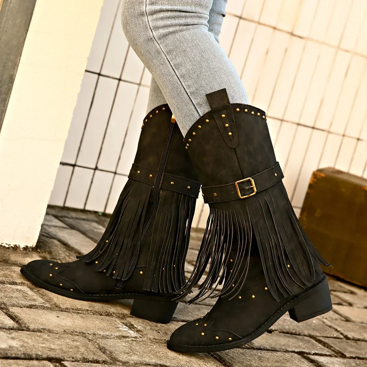 Women's Retro Chunky Heeled Long Boots Rivet Belt Buckle Mid-calf Boots Woman Autumn Winter Tassel Knee High Boot Plus Size 42