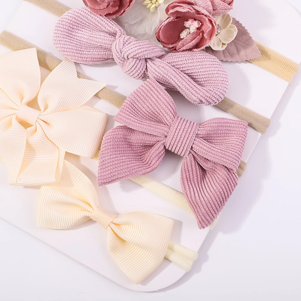 5pcs/Lot Nylon Elastic Bow Headband Baby Solid Knot Flower Fabric Hairbow Set Kids HairBands Handmade Girl Hair Accessories Gift