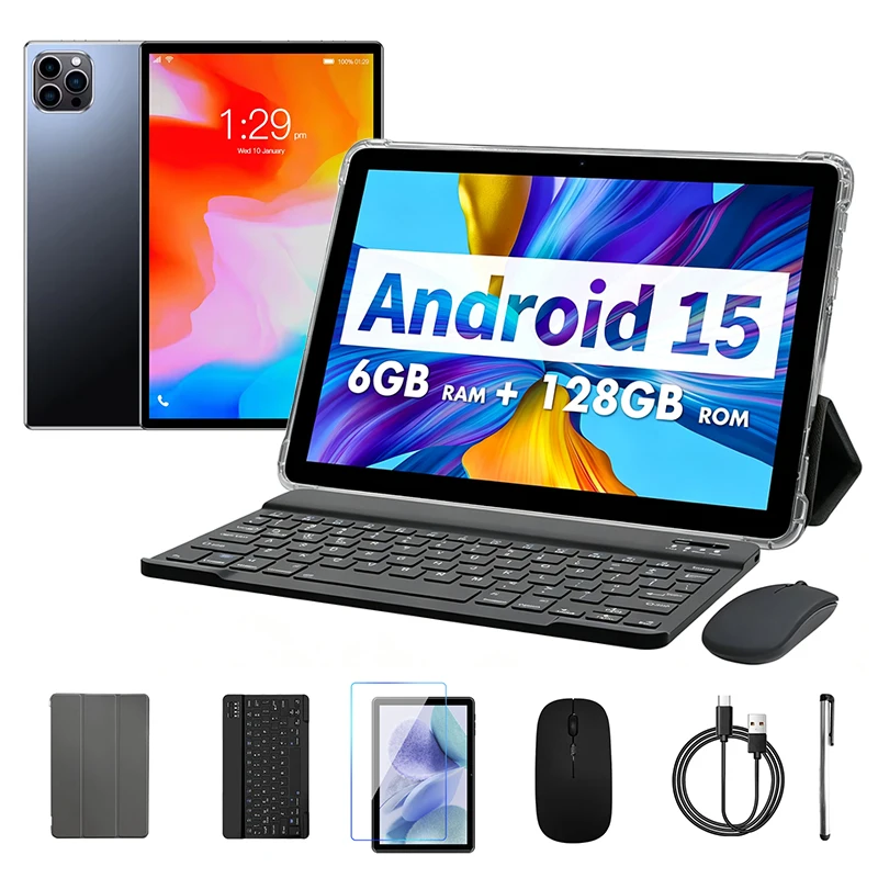 2026 Model Tablet | Brand New Android 15 | 10.1'' Display | 6GB  RAM+128GB ROM | 5+8MP Dual Cameras | 6000mAh | Keyboard Bundle