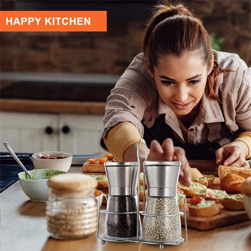 304 Stainless Steel Salt and Pepper Mill Reusable Spice Shakers Grinder Glass Manual Mill Seasoning Bottle Kitchen Grinding Tool