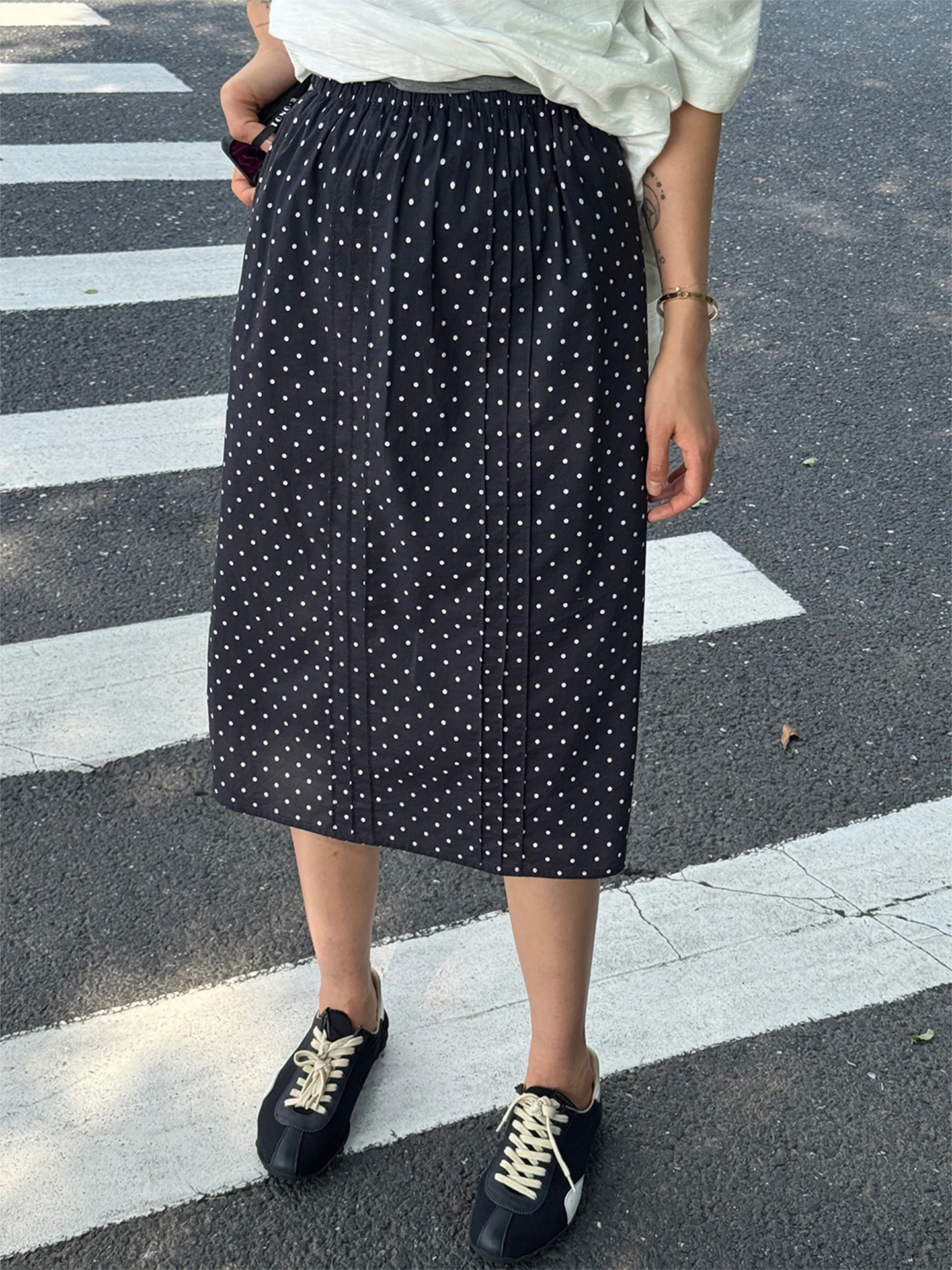 

Женская летняя тонкая юбка миди А-силуэта из чистого хлопка в горошек, маленький размер, стройнящая, повседневная, с принтом