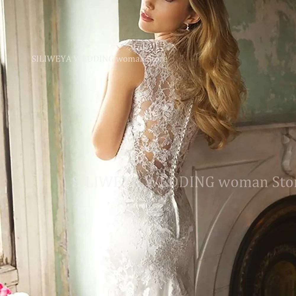 Elegant White Lace Wedding Dresses Luxury Chic Applique Sleeveless Floor Length Slim Cut Skirt Bride Wedding Engagement Costume