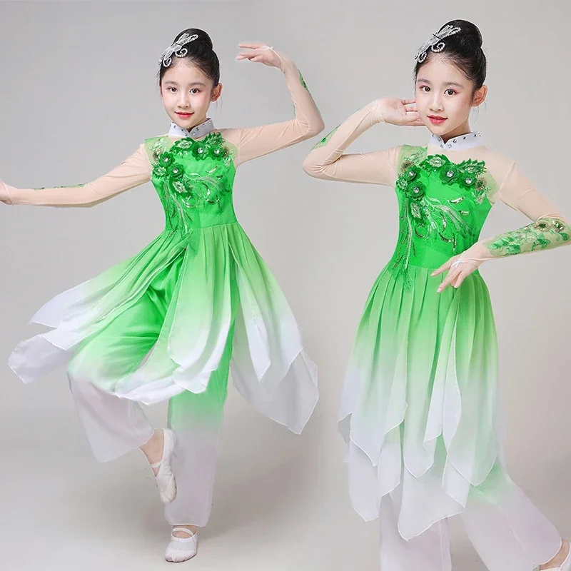 Costume da ballo classico per bambini ragazza Jasmine Yangge Dance New Ethnic Fan ombrello Costume da ballo Costume da spettacolo elegante