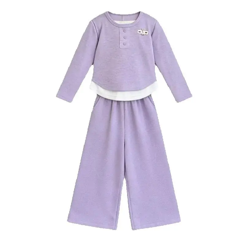 2026 New Children's Set Girls' Korean Edition Soft Sticky Fake Two Piece Casual Wide Leg Pants Set 1-12 Years Old