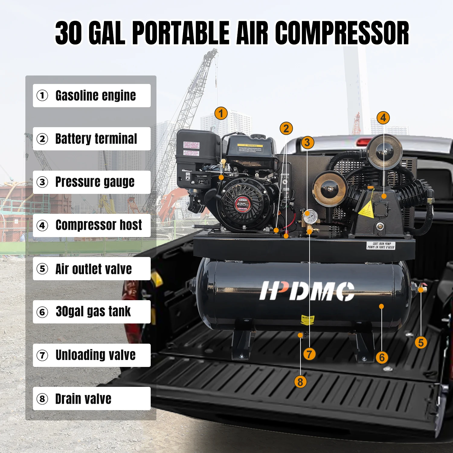 DMC 13HP Gas Powered Air Compressor 30 Gallon Horizontal  ASME Tank 28 cfm@180PSI Piston Pump Air Compressor