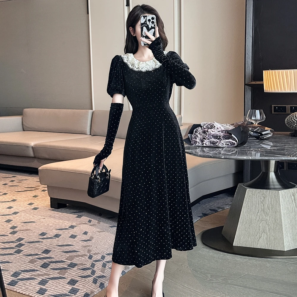 

Elegant Fashion Velvet Black Midi Dresses for Women 2024 Autumn New Vintage Slim Casual Evening Birthday Party Female Clothing