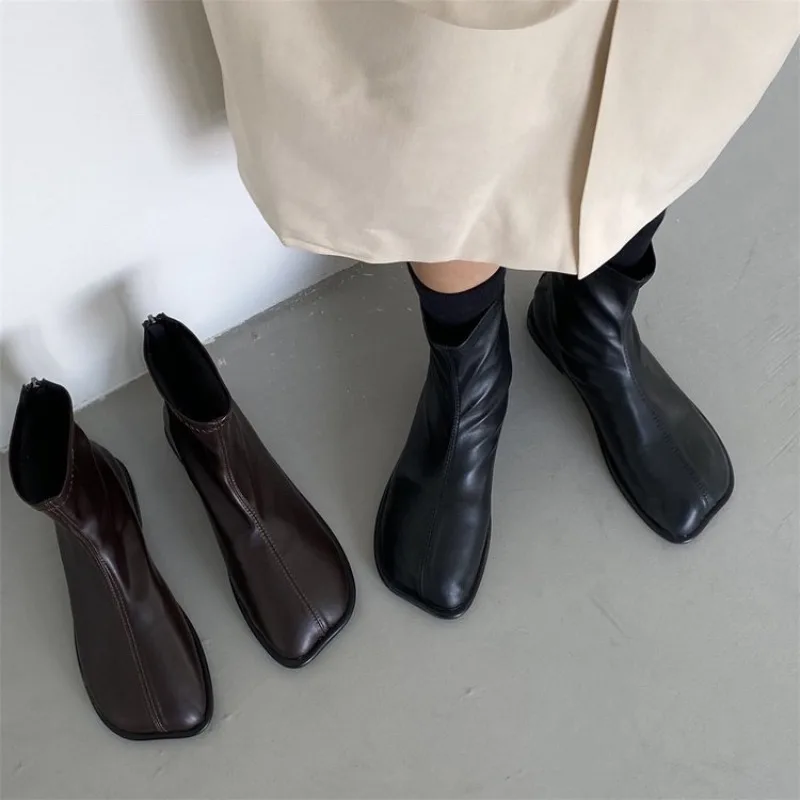 Winter Autumn Soft Leather Women Boots Square Toe Zipper Ankle Boots Simplicity Casual Women Shoes Fashion Flats Botas Mujer