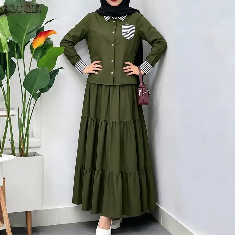 ZANZEA Muslim Fashion 2-Piece Matching Sets Women's Striped Patchwork Shirts & Tiered Maxi Skirts Sets Islamic Hijabi Outfits