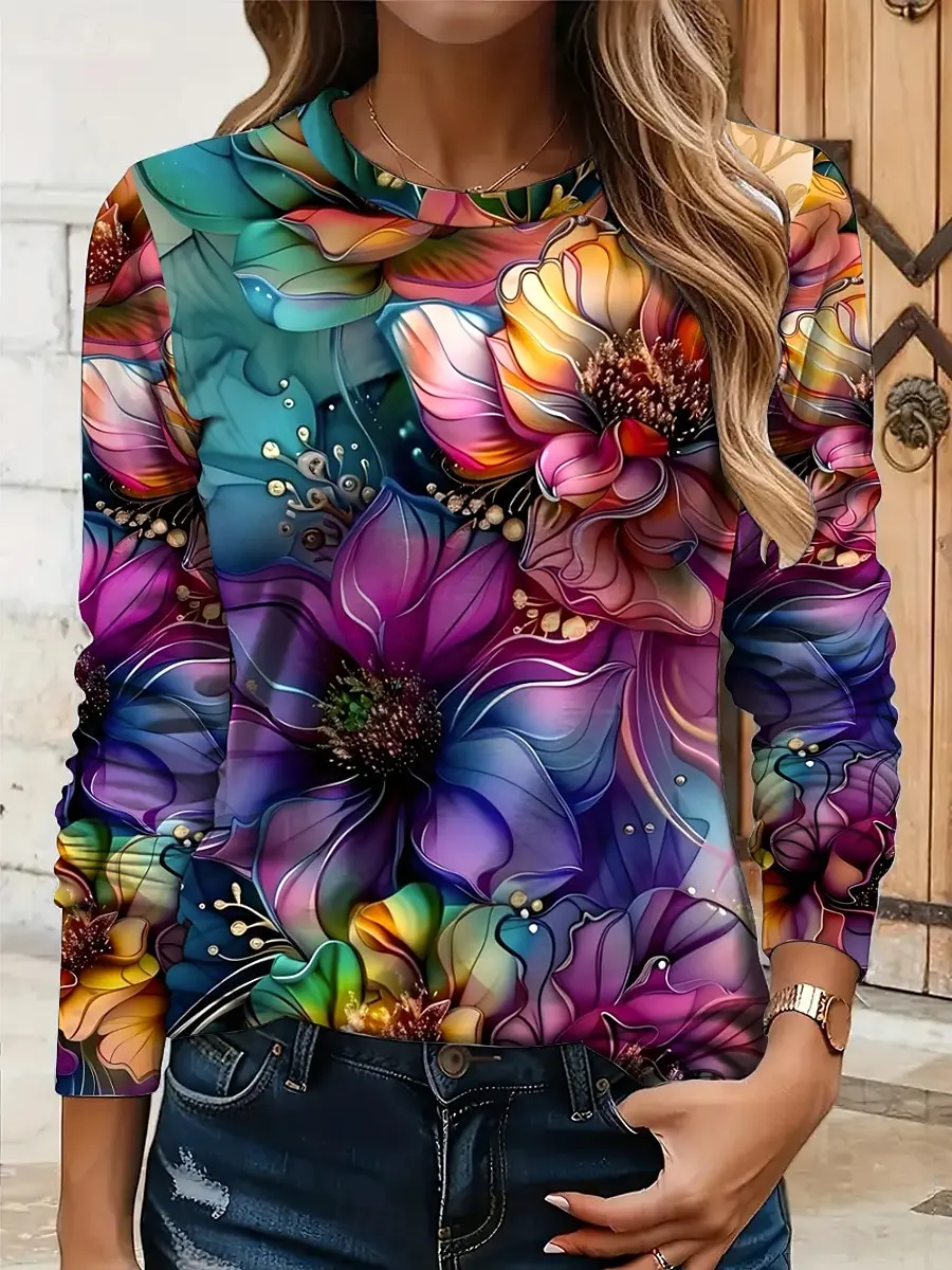 Women's 3D floral print T-shirt fashionable long-sleeved round neck regular tops holiday weekend spring and autumn