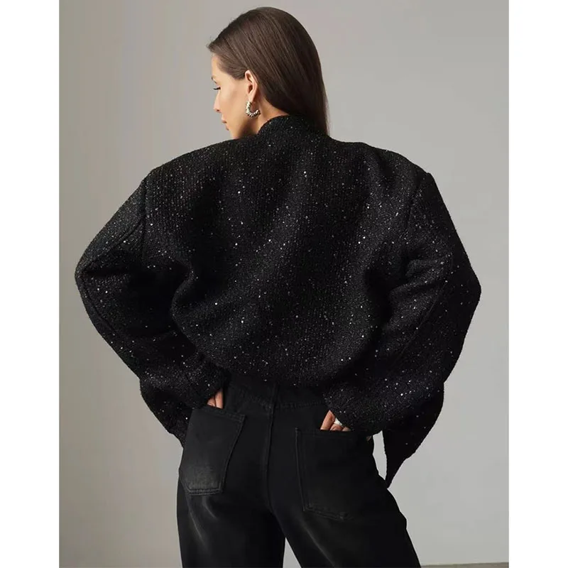 2026 Black Spring Autumn Coat New Women's Stand-Up Collar Loose Short Outerwears Fashion Pocket Bomber Jacket Beaded Coats