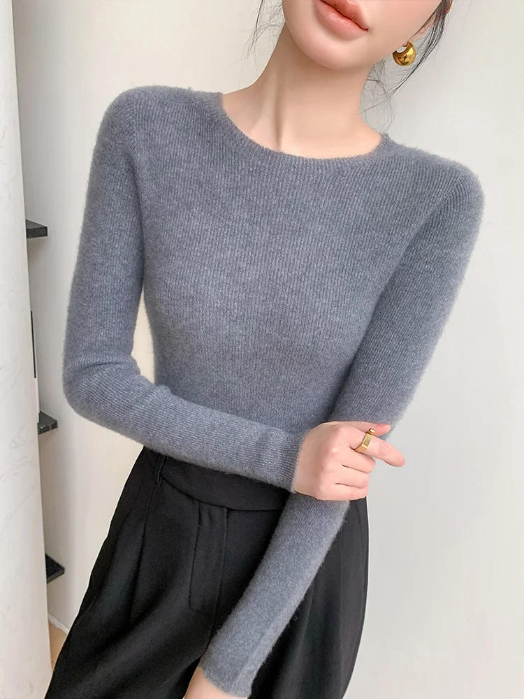 CHICUU Autumn Winter Women Cashmere Sweater Slim O-neck Pullover 100% Merino Wool Knitwear Basic Bottom Sweater Korean Popular