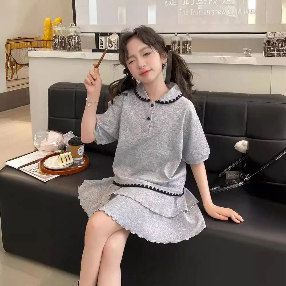 2026 NEW summer Teenager Girls Cloth short sleeve striped T Shirt top + bottom layer skirt children set 4 6 7 8 9 10 11 12 year