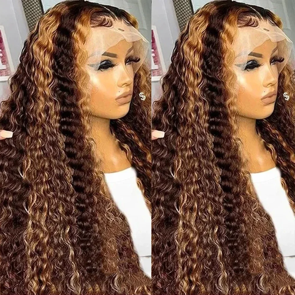 

26Inch Long highlight Brown 180Density Kinky Curly Glueless Lace Front Wig For Women With Baby Hair Preplucked Daily