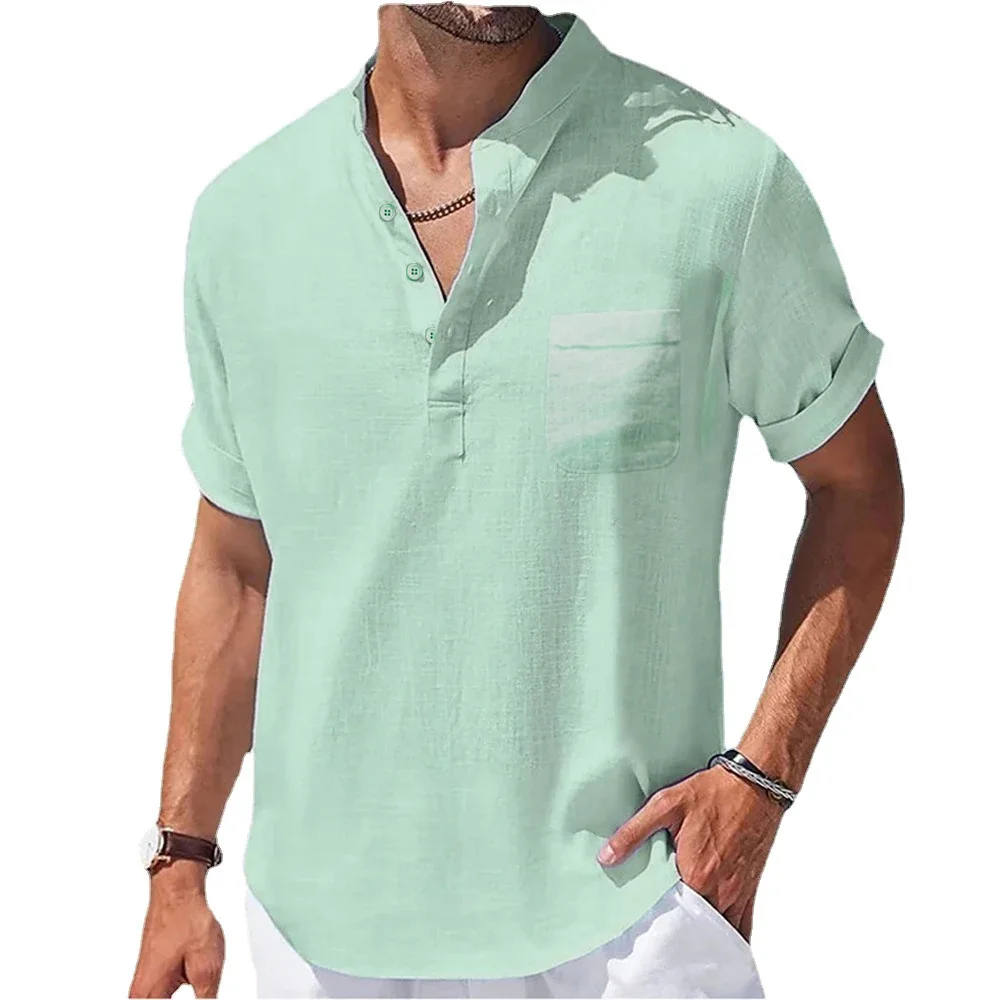Männer Baumwolle Leinen T-shirt Henry Kragen Kurzarm Casual Tops Sommer Heißer Verkauf Leichte Mode Klassische Taste Top – Detail 4