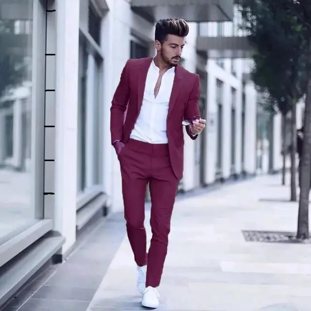 

Fashion Burgundy Suit Men Set Prom Wedding Suits for Men Tailored Slim fit Men's Blazer Groom Marriage Tuxedo Dress Jacket Pants