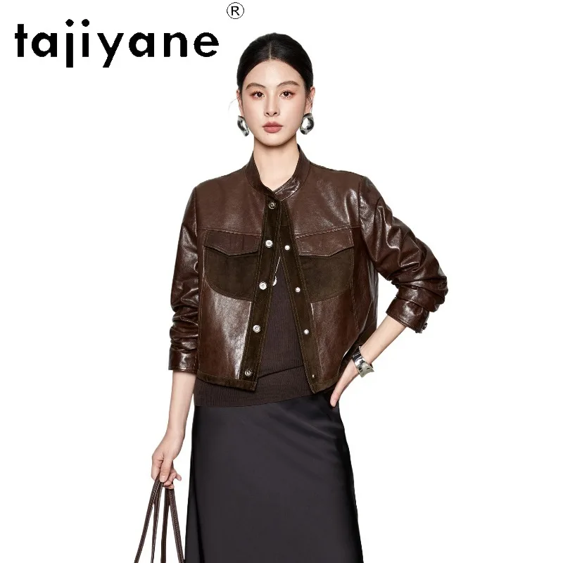 TAJIYANE Genuine Leather Jacket Woman Oil Waxed Sheepskin Stand Collar Leather Coat Biker Cropped Jacket of Woman Spring Jaqueta