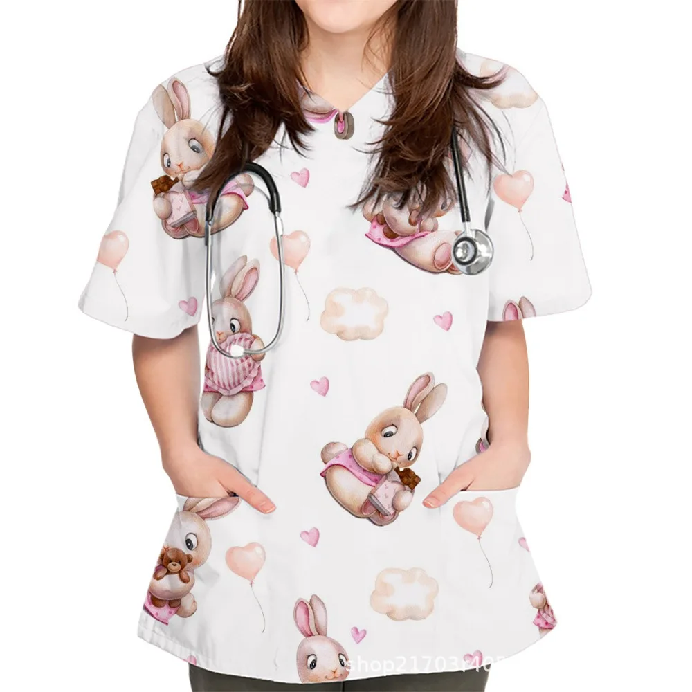 2024 animal pet rabbit pattern 3D printed short sleeved V-neck casual nurse uniform new medical caregiver top work uniform