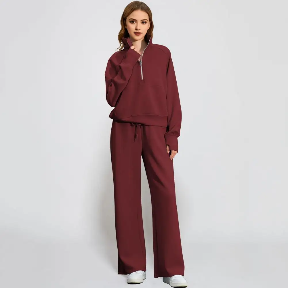 Women Top Pants Set Wide Leg Trousers Set 2 Pcs Women Tracksuit Set Half Zipper Sweatshirt with Turn-down Collar Elastic Waist