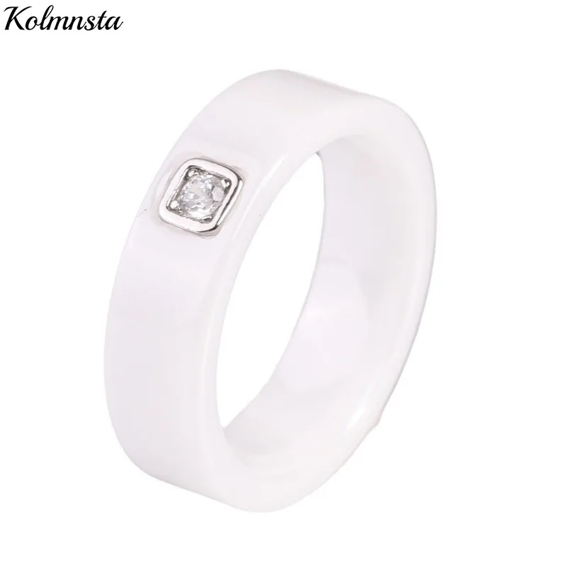 Kolmnsta 6mm Black/White Ceramic Rings For Women Dazzling Cubic Zircon Stainless Steel Engagement Wedding Ring Fashion Jewelry