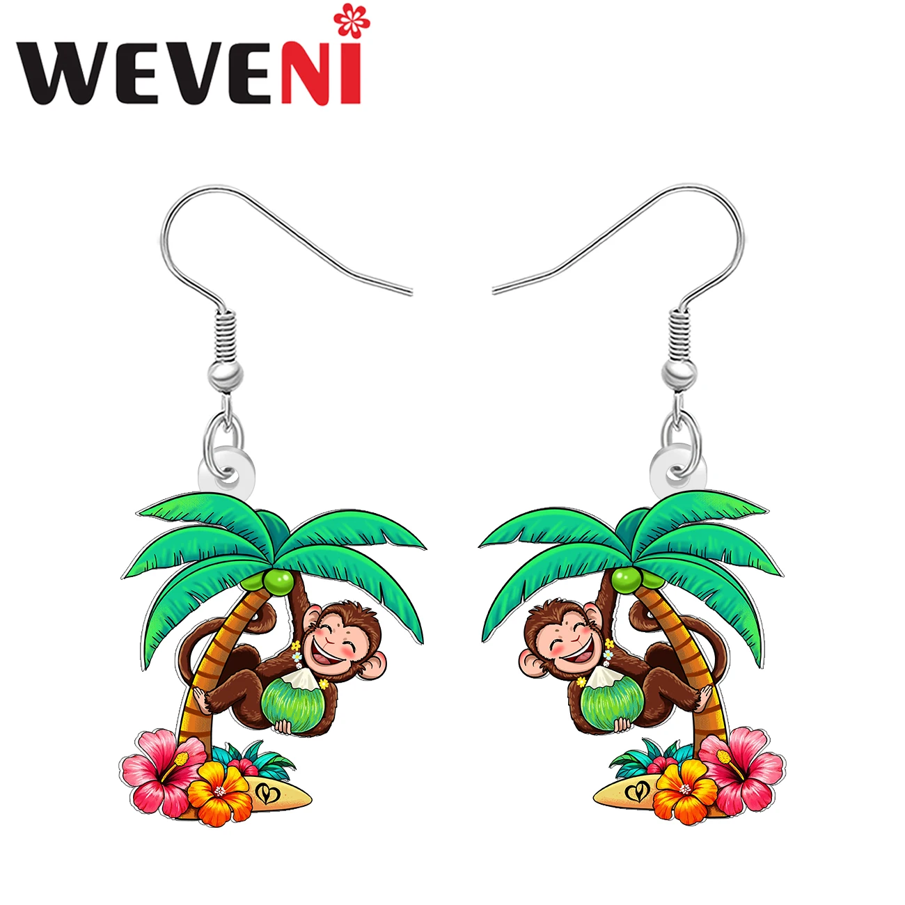 WEVENI Acrylic Hawaii Cute Coconut Tree Monkey Earrings Cartoon Animals Plants Jewelry Gifts For Women Girls Kids Hypoallergenic