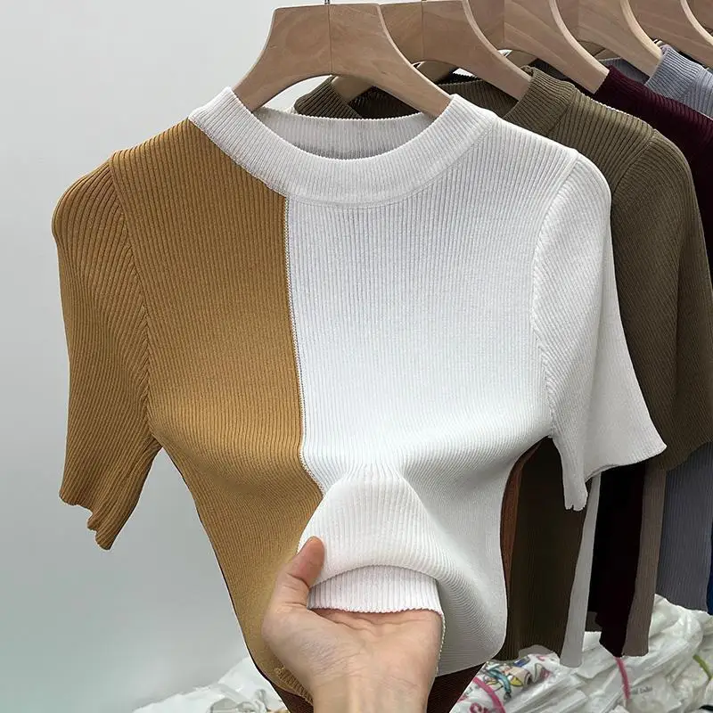 

Women's Short-Sleeve T-Shirt Summer Chic American Vintage Sweet Spicy Girl Color-Blocked Ice Silk Knit Tops Design Kawaii