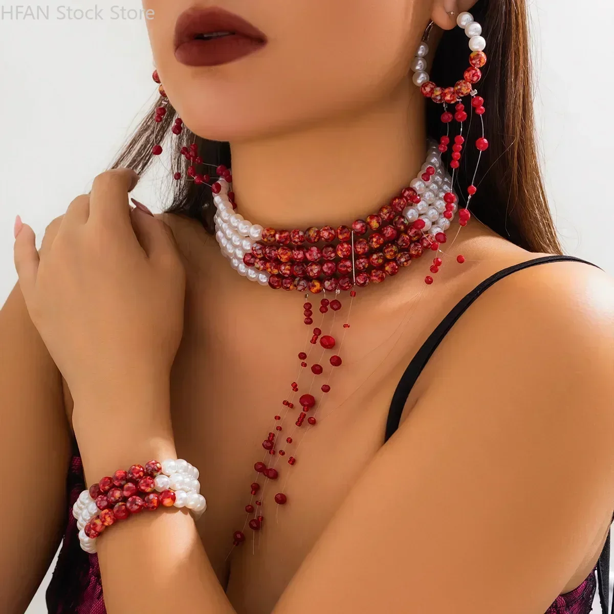 Necklace Dripping Blood Imitation Pearls Womens Necklace Halloween Choker Gothic Style Pearls Creative Tassel Choker Necklace