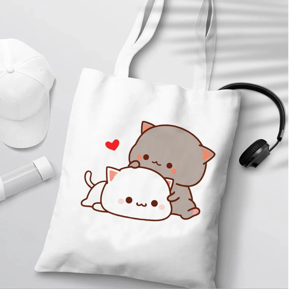 Peach and Goma Mochi Cat Love Print Shopping Bags for Women Canvas Tote Bags Handbag Reusable Cartoon Shopping Bag Female