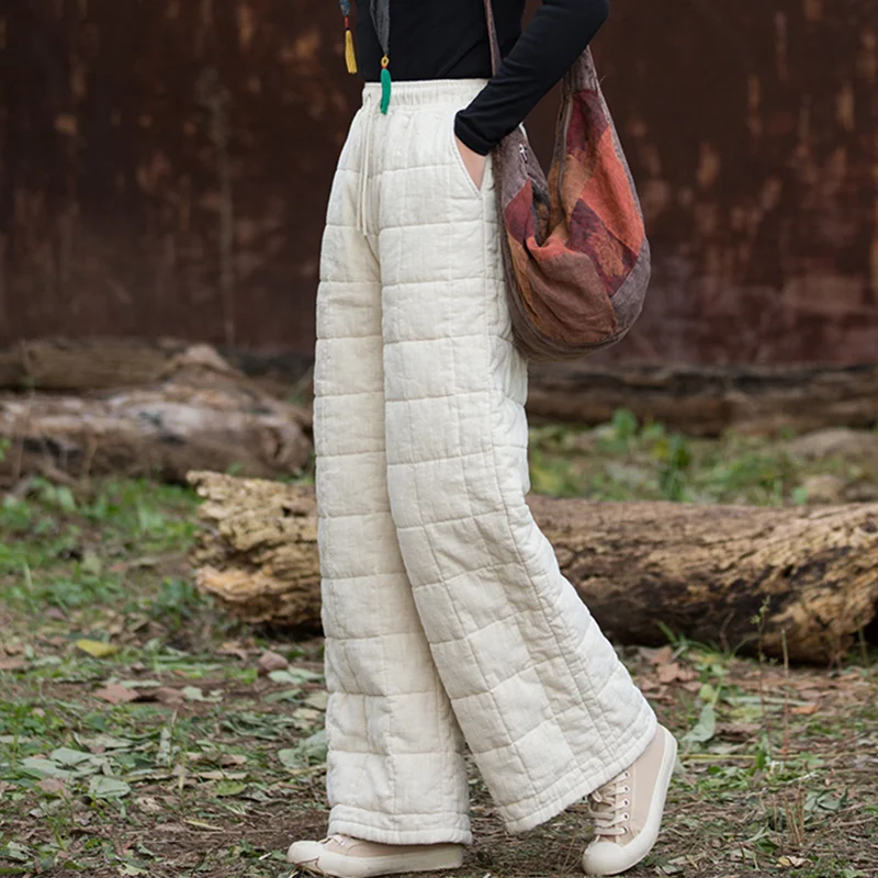 Women's Ethnic Vintage High Waist Loose Long Trousers Baggy Cargo Wide Leg Cotton Oversize Clothes with Elastic Waist Large Size