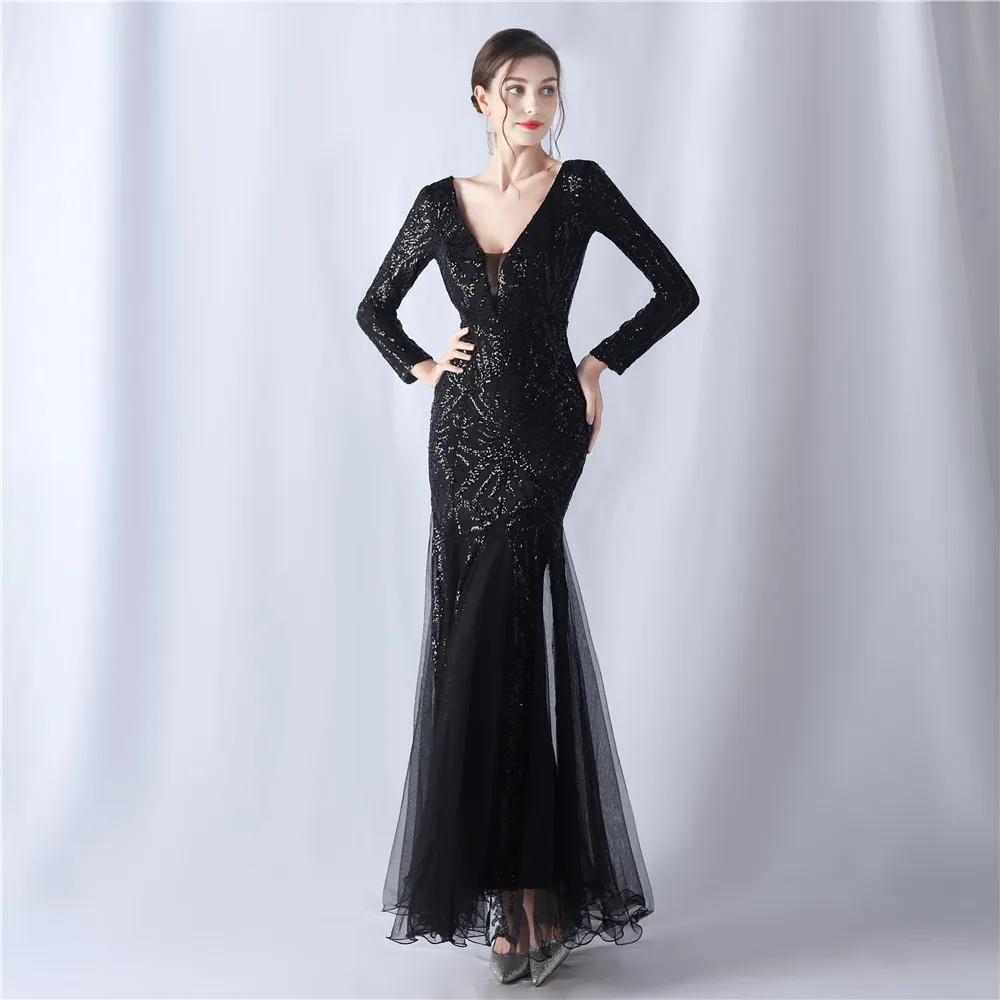 DEERVEADO Elegant Long Sleeves Women\'s Evening Dress Mermaid V Neck Sequin Party Maxi Dress Special Occasion Dress Gala