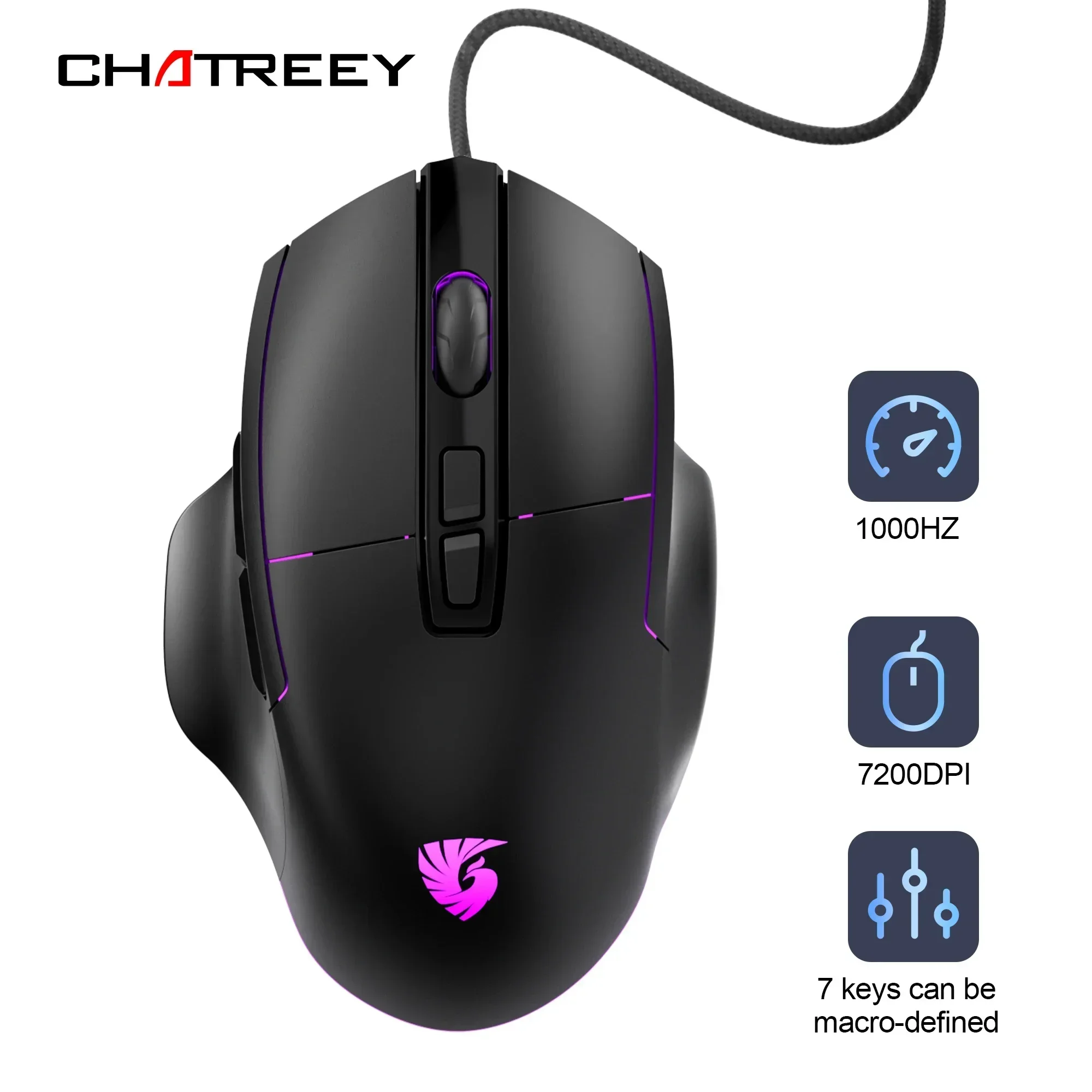 

Chatreey Gaming Mouse 12800Dpi 1000Hz Return Wired 7 Buttons Macro Mouse for E-sports Ergonomic Design RGB Backlit