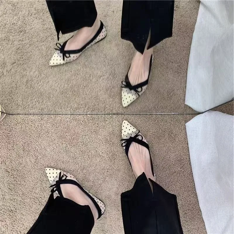 2026 Summer New Polka Dot Single Shoe Air Mesh Pointed Toe Butterfly Knot Soft Bottom Shallow Mouth Flat Heels Casual Women Shoe - view 4
