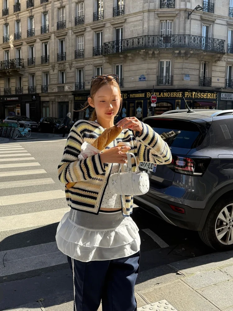 Norxiao Wybór Wiosna 2025 Nowa Marka Mały Kardigan Dzianinowy w Paski Tęczy Damski Regularny Krój Długi Rękaw Okrągły Dekolt Ne Kni...